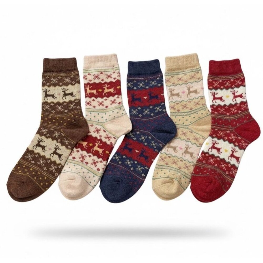 NEW 5 Sets Womens Wool Blend Reindeer Fair Isle Snowflake Cabin Socks Bundle - Picture 2 of 5